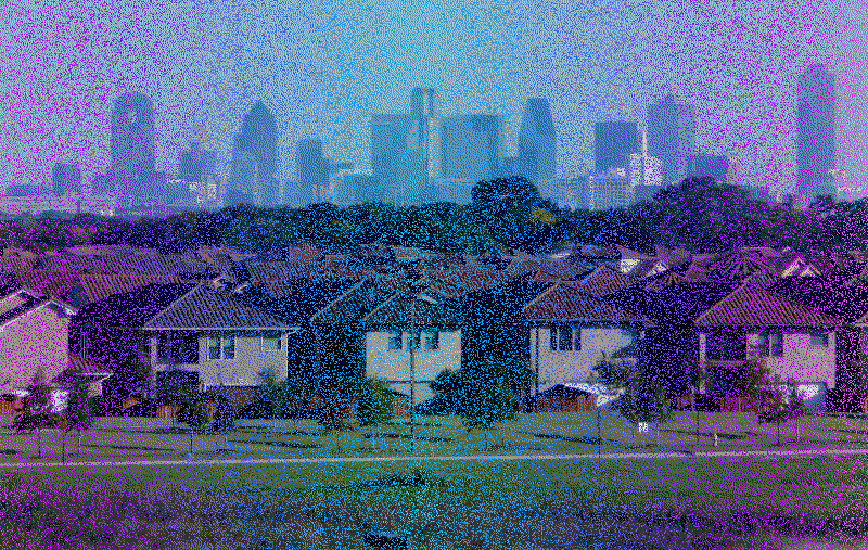 image of Dallas skyline with pink and blue overlay